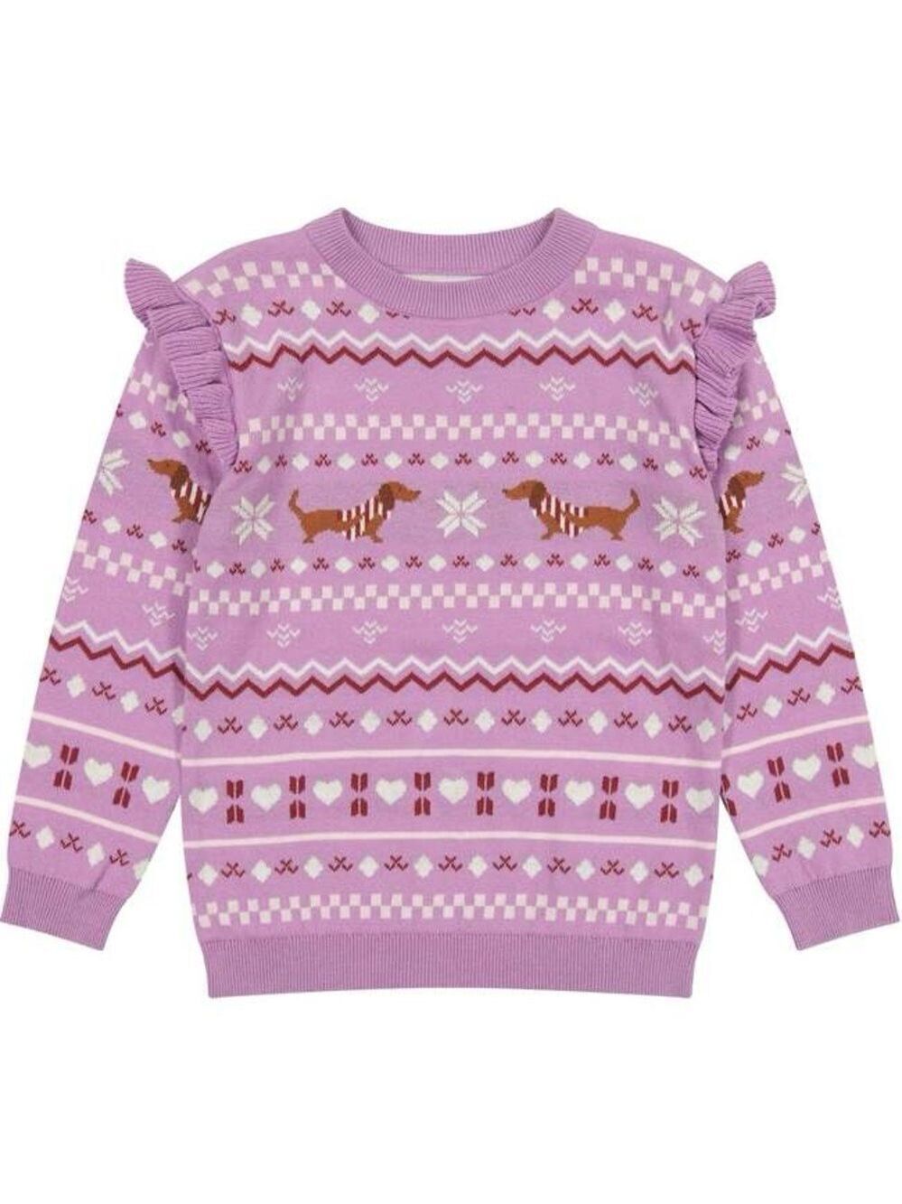 Andy & Evan Kids Purple Holiday Sweater with Dachshund Pattern and Ruffles